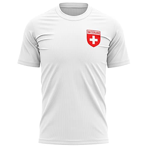 Image of Switzerland Football Shirt - Mens Switzerland Flag Badge T Shirt - Football European Country 2021 2020 Supporters Red White 1895 Tee Him - Swiss Tournament Footy Soccer Top, L, White