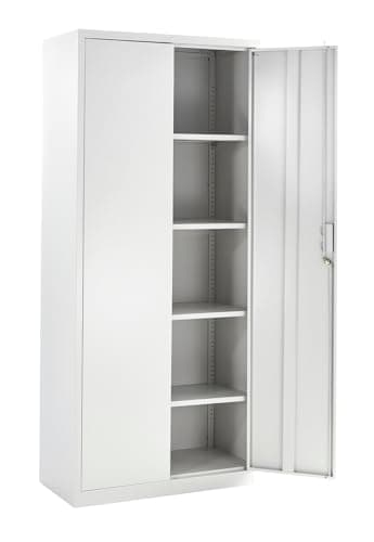 Image of Metal Storage Cabinet with Lock, 2 Door Lockable Office Storage Cupboard, Tall Grey Unit 4 Adjustable Shelves, 180cm Office Cabinet, for Warehouse, Workshop, Garage Tool Cabinet (White, 180H x 80W)