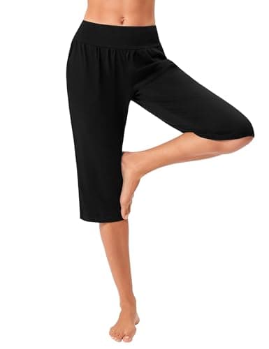 Image of Marvmys Womens Yoga Pants 3/4 Length High Waist Wide Leg Yoga Trousers with Pockets Loose Pants Casual Lounge Sweatpants Black