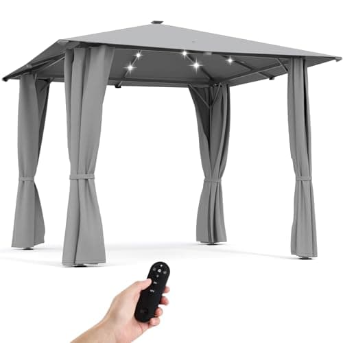 Image of The Fellie Metal Gazebo with Solar LED Lights and Remote Control, 3M x 3M Large Garden Gazebo with Side Curtain, Heavy Duty Outdoor Gazebos for Patio, Backyard, Dimmable, Timing Function, Light Grey