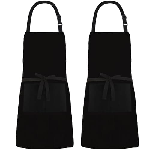 Image of XIEJINJIA 2 Pack Canvas Water Resistant Adjustable Bib Apron with 2 Pockets Long Ties Cooking Kitchen Restaurant Chef Aprons for Women Men (Black)