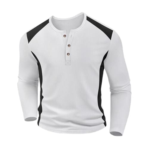 Image of Men's Long Sleeve Button Down Casual Top for Autumn Winter Comfortable Stylish Two Tone Crew Neck, White, XL