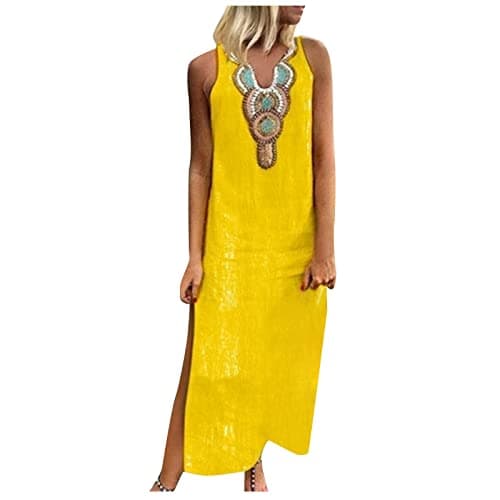 Image of Cotton Linen Dresses for Women UK Sleeveless Maxi Dresses Summer Ethnic V Neck Tunic Dresses Solid Elegant Party Dress Long Shift Dress Going Out Holiday Dress Plus Size 8-22 Yellow