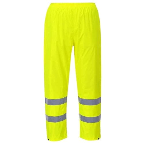 Image of Portwest H441 Hi-Vis Rain Trousers Mens Waterproof Overtrousers Lightweight Reflective Workwear Elasticated Waist Rain Pants Adjustible Hem 40+ UPF, Yellow, XXXL