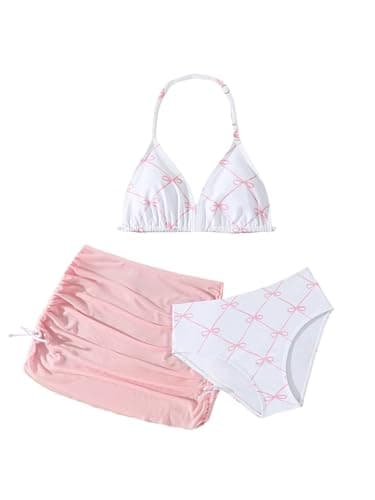 Image of GORGLITTER Girls High Waisted 3 Piece Bikini Sets Bow Print Triangle Bikini Swimsuit with Beach Skirt Swimwear 8-12 Years Pink 10 Years