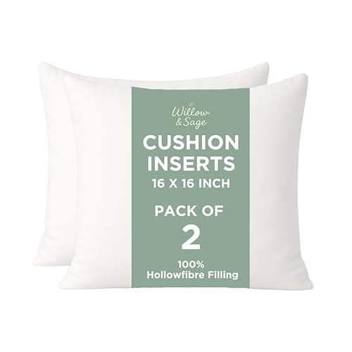 Image of Willow & Sage Cushion Inserts 40cm x 40cm (16"x16") – Hypoallergenic Hollow Fibre Cushion Pads with Polypropylene Covers – White Square Pillow Stuffers for Sofa & Bedroom (Pack of 2)