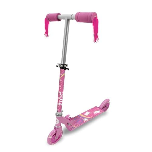 Image of Zinc Kids Scooter for Ages 3+, Folding 2-Wheel Kick Scooter with Light Up Wheels, Height Adjustable, Anti-Slip Footplate, Rear Footbrake, Unicorn with Tassels