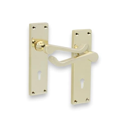 Image of Infinity Decor Set of Polished Brass Victorian Scroll Lever Lock Door Handle on Rectangular Backplate – Key Lock Lever for Interior and Exterior Use