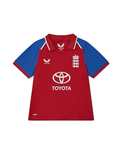 Image of Castore England Cricket Unisex Kids T20 Replica Short Sleeve Shirt, Red Fiery, 5-6Y