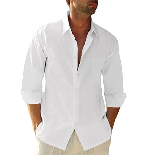 Image of Friptspyg Linen Shirts Mens Long Sleeve Button Down Beach Causal Shirts for Men Adult UK with Pocket, White XXL