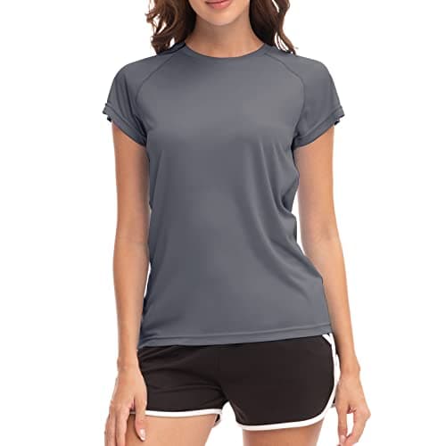 Image of MEETWEE Swim Shirts for Women, Short Sleeve T Shirt Athletic Casual Tops Quick Dry UPF 50+ Running Surfing Workout Yoga Sun Tee Shirts Gray