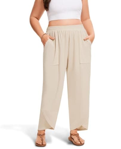 Image of Moon Wood Womens Plus Size Wide Leg Pants Casual Elastic Waisted Summer Pants with Pockets Baggy Lounge Trousers Slacks, Apricot, 4X-Large Plus