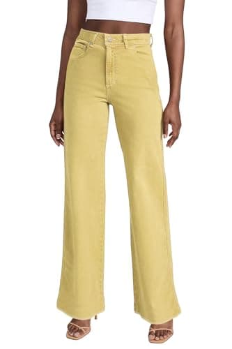 Image of Allimy Women's Straight Leg Flare Jeans High Waisted Strechy Raw Hem Denim Pants, Bright Yellow, 14