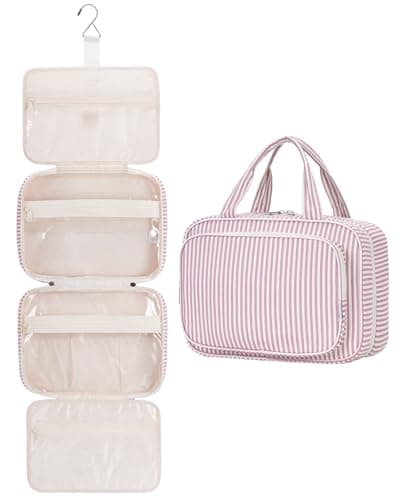 Image of Narwey Large Hanging Travel Toiletry Bag for Women Wash Bag Cosmetics Makeup Bag Organizer for Full Size Accessories (Dusty Rose Stripe (Large))