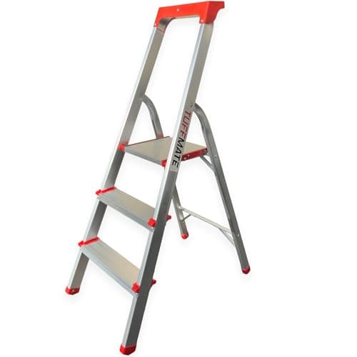 Image of Step Ladder 3 Steps with Multifunction Tool Tray, Aluminium Folding Height 1.1m - 20cm between steps, EN:131 Safety Cert. TUFFMATE