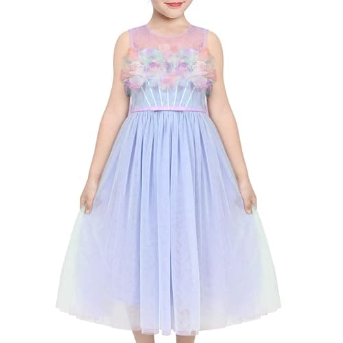 Image of Sunny Fashion Girls Dress Purple Gradient Floral 3D Mesh Pleated Tulle Pageant Party Age 8 Years