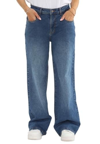 Image of MYT Womens Wide Leg Jeans Ladies Baggy Loose High Waisted Stretch Denim Pants Mid Stonewash Blue 14 Regular