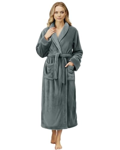 Image of NY Threads Women Fleece Shawl Collar Bathrobe - Plush Long Robe, Dark Grey, Medium