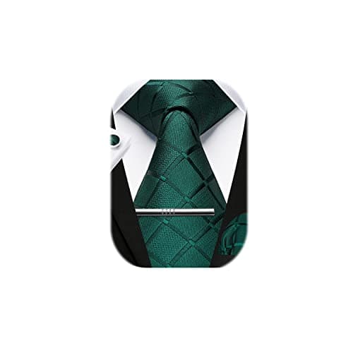 Image of HISDERN Men's Dark Green Plaid Tie Handkerchief Cufflink Clip Set Formal Wedding Party Gifts Tie and pocket square set