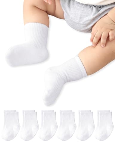 Image of KEREDA 6 Pairs Baby White Socks Cotton Toddler Crew Socks Breathable School Socks for Boys Girls 6 Months-5 Years