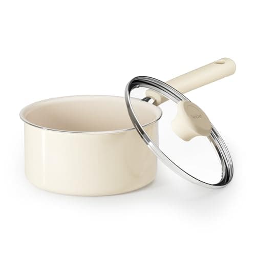 Image of Redchef Ceramic Nonstick Saucepan with Lid,16cm Small Cooking Pot, Non Toxic Sauce Pans for Kitchen, Cool Handle PFAS Free Compatible with All Cooktops, White