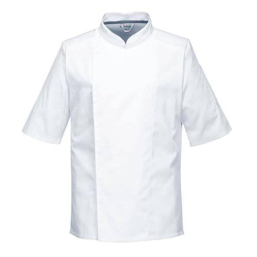 Image of Portwest C738 Chef Jacket Chefswear Short Sleeve MeshAir Ventilation Slim Fit Kingsmill Polycotton Texpel Water Resistant Chef Whites Workwear, White, S