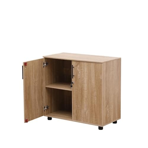 Image of MMT Oak Storage Cupboard - Office Cabinet with Lockable Doors, 75cm Tall Wooden Bookcase for Office Furniture and Garage Tool Storage, Secure Office Cabinets for Documents