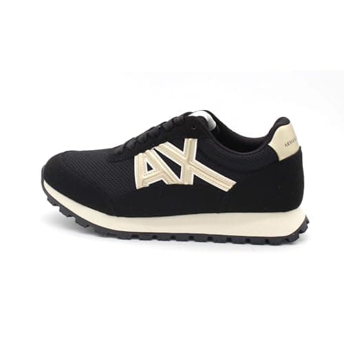 Image of Armani Exchange Women's Essential Drop Microsuede Details Trainers, Black Pale Gold, 7 UK