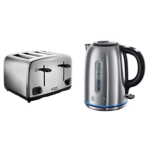 Image of Russell Hobbs 24090 Adventure Four Slice, Brushed Polished Stainless Steel Toaster & 20460 Quiet Boil Kettle, Brushed Stainless Steel, Silver, 3000 W, 1.7 Litre