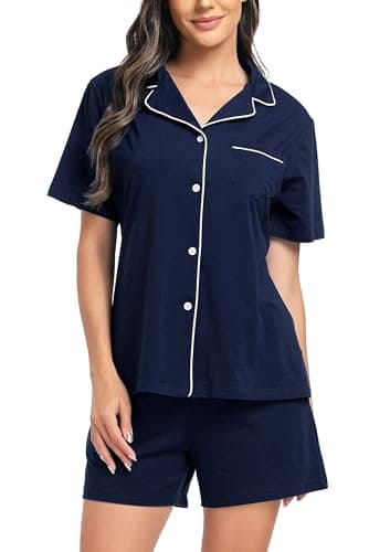Image of Lovasy Cotton Pyjamas for Women Button Down Ladies Pajamas Short Pjs Set with Pockets,Navy Blue,M