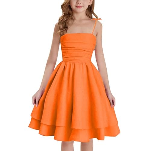 Image of Kids Girls Summer Slip Dress Spaghetti Straps Adjustable Swing Cute Flared Fashion Teenager Girls Cami Dresses Comfy Casual Formal Party Birthday Vacation Age 7-12 Years (c-Orange, 10-11 Years)
