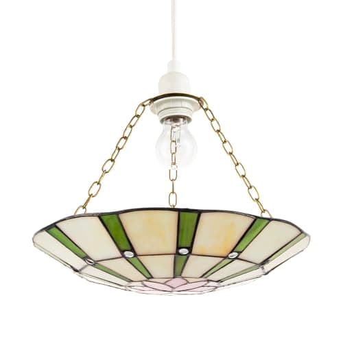 Image of Classic Forest Green and Pink Floral Tiffany Stained Glass Ceiling Pendant Lamp Shade | 31cm x 6cm | Antique Chains Included by Happy Homewares
