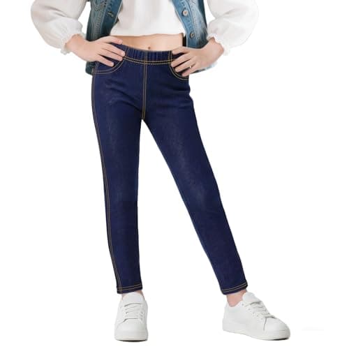 Image of Baogaier Girls Leggings Jeans-Look Skinny Jeggings Stretchy Trousers with Pockets High Waist Denim Looks Slim Fit Pants Kid Tights School Casual Wear Kids Clothes for 11-12 Years, Navy