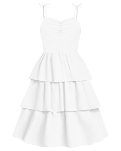 Image of JiAmy Girls Spaghetti Strap Dress Kids Summer Bowknot Smocked Tiered Swing Dresses Casual Elegant Sundress for Girl 11-12 Years White
