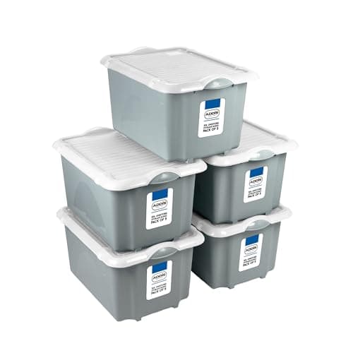 Image of Addis 30 litre Eco Grey Plastic Unistore Storage Boxes Made in the UK from Recycled plastic, with clip lock lid and base, Pack of 5, tough reliable stackable nestable, Grey Clear