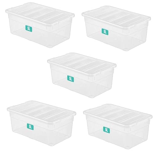 Image of Optimal Products 5 x 5 Litre Clear Plastic Storage Box With Lids UK BRITISH MADE Home Office Stackable Nestable Transparent Plastic Boxes, Size 5,11,24,28,35,45,62 Litre
