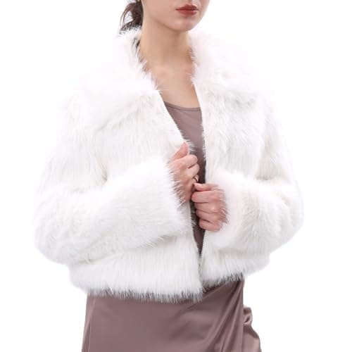 Image of Amazhiyu Womens Faux Fur Coat, Winter Long Sleeve Jacket Crew Neck Zip-Up Outwear Plush Warm Winter Coat White S