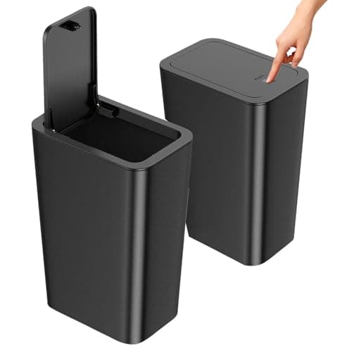 Image of Stowetry 2 Pack Bedroom Bin,10L Plastic Bathroom Bin with Lid,Slim Push Button Thin Trash Can,Dog Proof Narrow Garbage Can for Bathroom,Bedroom,Kitchen,Office,Living Room,Toilet(Black)