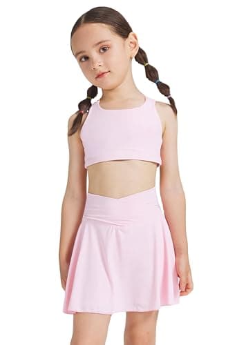 Image of VilyR Girls 2 Piece Gym Set Workout Outfit, Crop Top Sports Bra & 2-in-1 Shorts Skirt with Pocket(Pink,6-7Y)