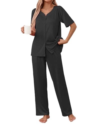 Image of Famulily Ladies Pajamas Set Half Sleeve Crew Neck Sleepwear Button Up Pjs Comfy Pintuck Lounge Sets Black L