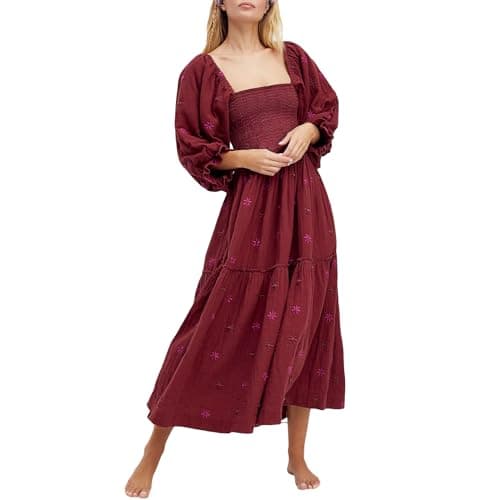 Image of FeMereina Women Floral Embroidered Maxi Dress Long Puff Sleeve Square Neck Bohemian Flowy Dress with Pockets Smocked Sundress (Red, L)