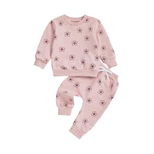 Image of Yigubigu Toddler Baby Girls Two Pieces Outfits Flower Print Jumper Sweatshirt Elastic Waist Pants Joggers Trousers Set Fall Winter Clothes Suits (Pink, 18-24 Months)