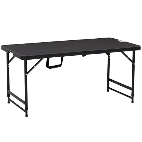 Image of Outsunny Folding Garden Table, Height Adjustable Outdoor Dining Table for 4, Rectangular Patio Table with HDPE Tabletop and Steel Frame, Dark Grey
