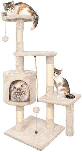 Image of Cat Tree, 112cm Cat Scratching Post for Indoor Cats, Multi-Level Stable Cats Tower with Sisal Scratching Posts, Plush Toy Balls, Cave, Sisal Rope for Kitten Pets Climbing and Relaxing, Beige