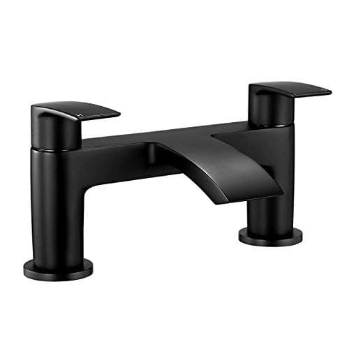 Image of Bath Taps Black Waterfall Mixers Tub Tap Bathtub Filler Taps Bathroom Brass Round Dual Lever Deck Mounted 1/4 Turn Mono Monobloc