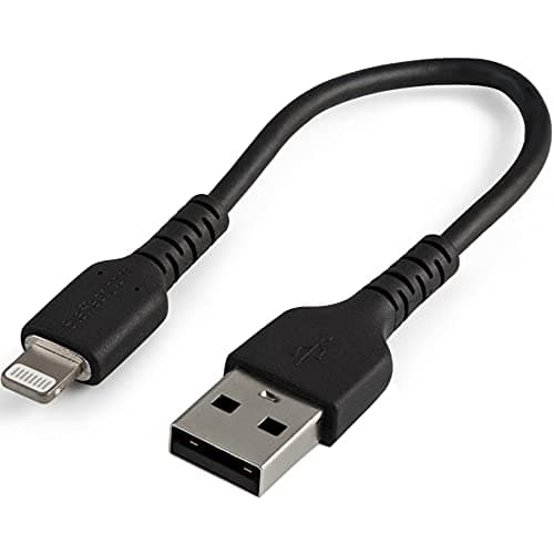 Image of StarTech.com 6 inch (15cm) Durable Black USB-A to Lightning Cable - Heavy Duty Rugged Aramid Fiber USB Type A to Lightning Charger/Sync Power Cord - Apple MFi Certified iPad/iPhone 12 (RUSBLTMM15CMB)