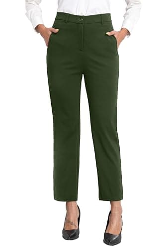 Image of GRECERELLE Womens Work Trousers Office Smart Stretchy High Elasticated Waist Straight Leg Casual Yoga Pants for Women UK with Pockets Zipper (Green, M)