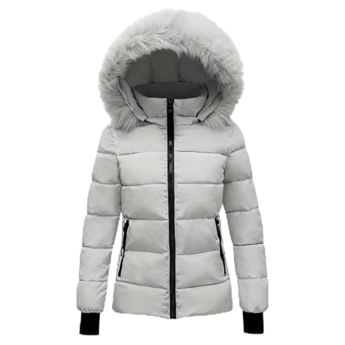 Image of Girls Waterproof Parka Coats Faux-Fur Hooded Long Puffer Jackets Teen Kids Winter Insulated Quilted Down Outwear (Grey, 13-14 Years)