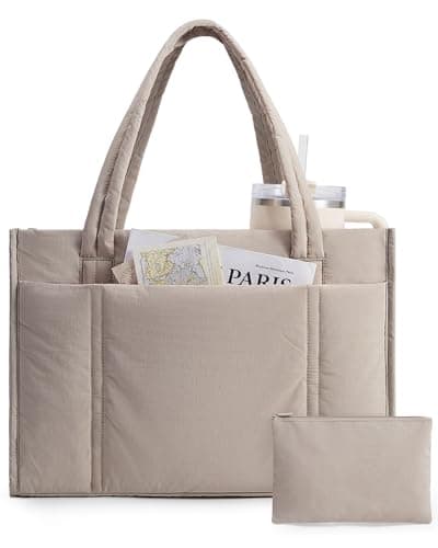 Image of bagsmart Tote Bags for Women, Lightweight Puffer Shoulder Handbag with Zipper, 15.6 Inch Quilted Large Work Teacher Bag for Travel School Beach