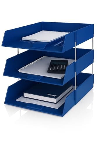 Image of OS Smart Choice A4 Letter Trays, 3-Tier Stackable Document Organiser, Plastic Desktop Filing System, BLUE